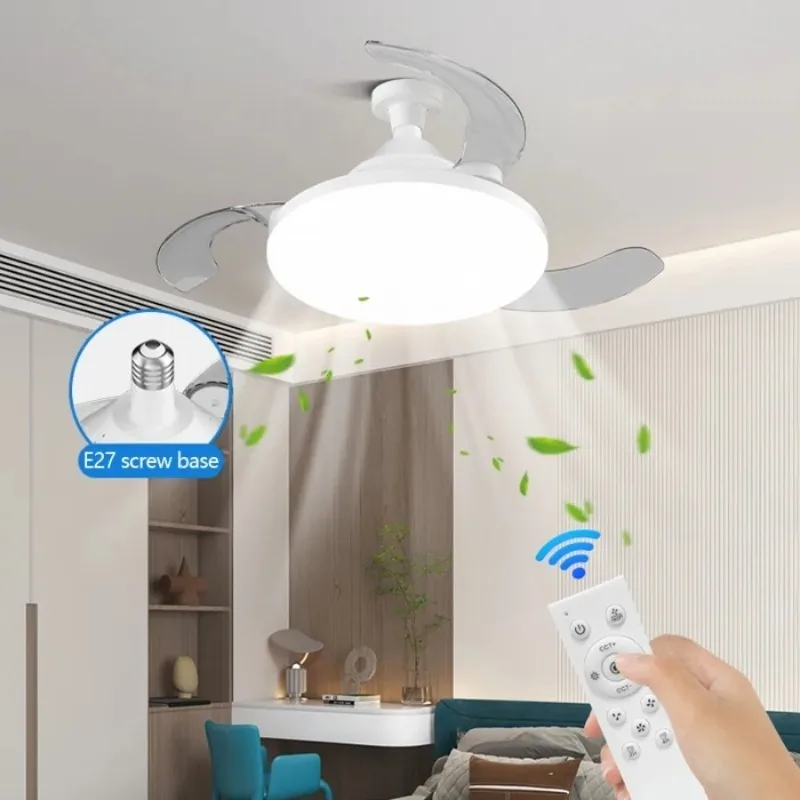 New Ceiling Fan Light Invisible Telescopic Blade Air Circulation Silent Dimming Timed LED Fan Ceiling Lamp Electric Fan Decor