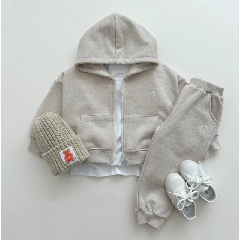 

2025New Spring and Autumn Children's Clothing Set for Boys and Girls, Baby Zipper Hooded Long Sleeve and Long Pants Two-Piece Se