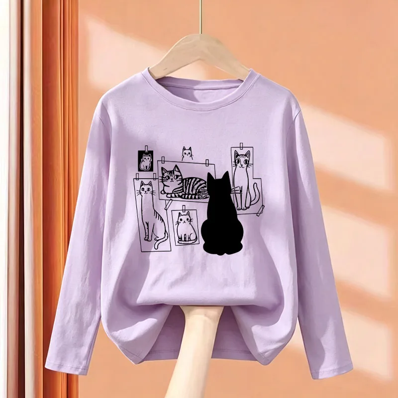 Harajuku Kawaii Comic Cat Print Cartoon T Shirts Kids Children's T-shirt Long Sleeve Boys Girls Autumn Casual Top Tee Shirt
