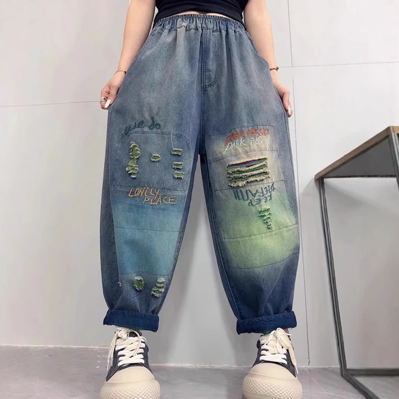 

Vintage Jeans Spring Summer New Casual Elastic Waistline Women Pants Loose Hole Letters Embroidery Jeans Women Harem Pants