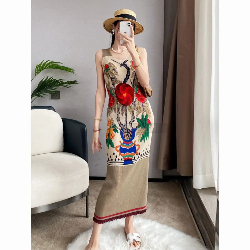 

Pleated Print Tank Top Ladies Dress New Summer Hong Kong Style Retro Round Neck Temperament Sleeveless Over Knee Dress