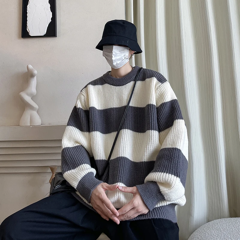 

Мужской трикотажный джемпер в американском ретро-стиле с полосками, весна-осень, круглый вырез, базовый, в стиле кэжуал, премиум-класса, с цветовыми блоками, длинный рукав