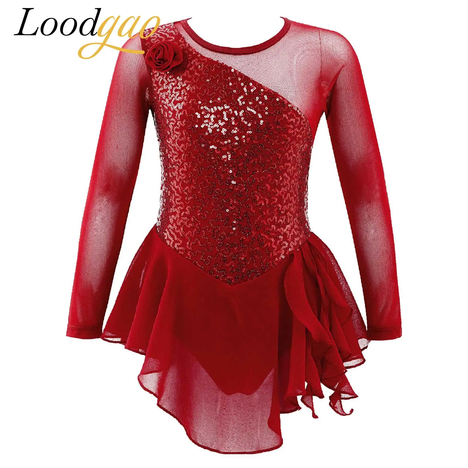 

Girls Figure Ice Skating Dress Sparkly Sequin Dance Ballet Tutu Leotard Kids Long Sleeve Mesh Splice Gymnastics Dance Costume