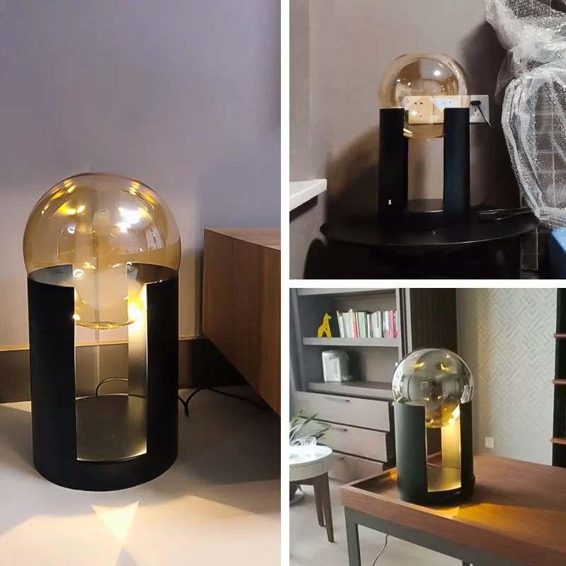 Lampu meja kaca bola hitam kreatif modern, lampu meja model desainer samping tempat tidur kamar tidur