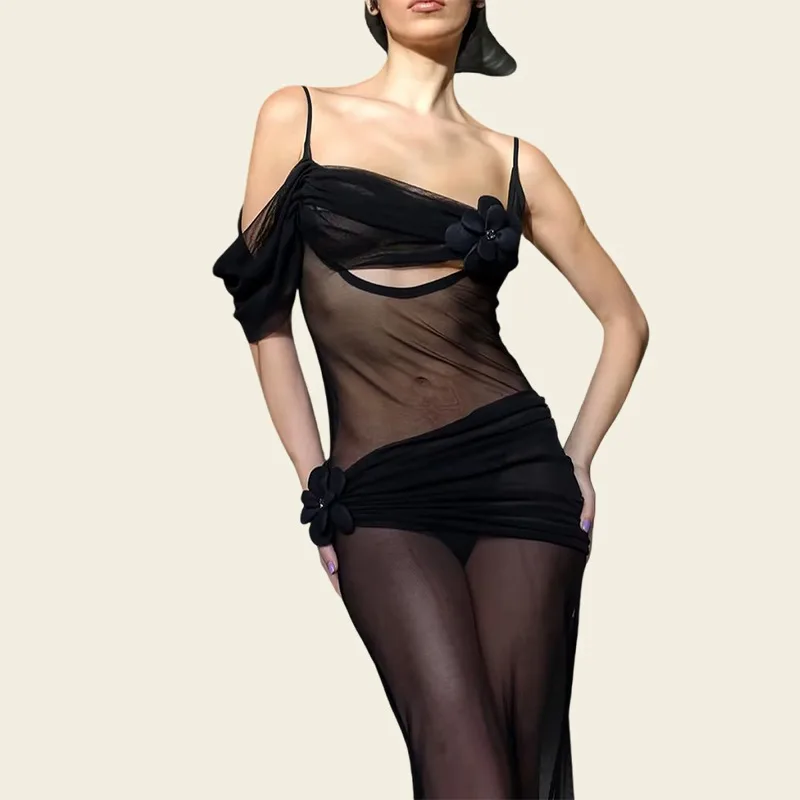 Maxi Dress Sexy Lingerie Slip Dress Women 3D Flower Sheer Mesh Slimming Long Nightdress See-through Shapewear With Set Hot Girls