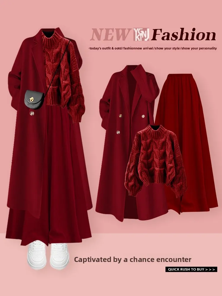 

New Year Atmosphere Knitted Sweater Wide Leg Pants Christmas Theme Women's Fashion Set Casual Style Short Coat Three Pieces