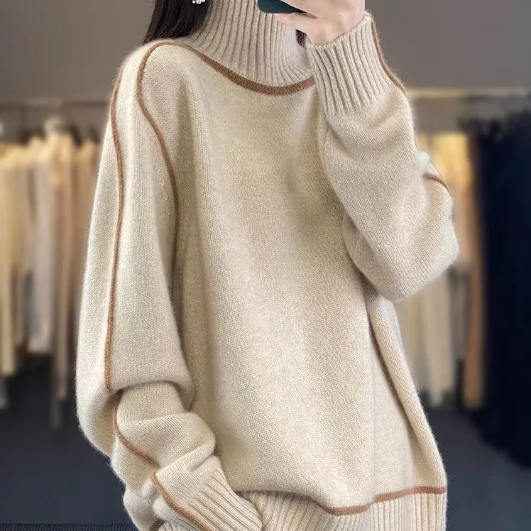 

Fashion Contrast Color Turtleneck Knitted Sweater For Women Casual Long Sleeve Korean Pullover Basic Simple Ladies Loose Jumper