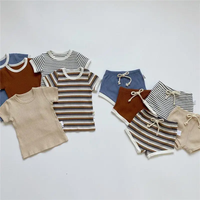 Children Girls Boys Clothes Stripe Cotton Casual Short Sleeve Tops T-shirt+Shorts Ribbed Knitt Tracksuits kids Outfit Set 6M-5T