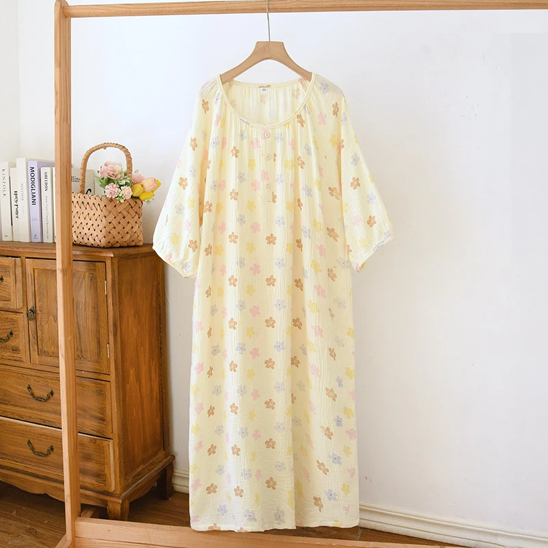 1pc Women's Nightgown Sweet Girly Style 100% Double Layer Cotton Gauze Round Neck Pullover 3/4 Sleeve Lightweight Wearable Outsi