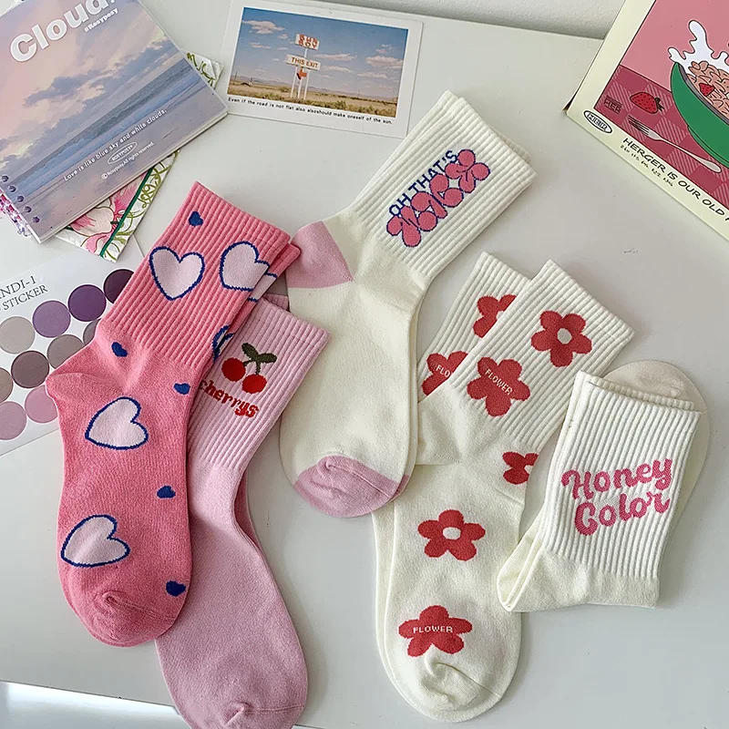 Spring Autumn Pink Middle Tube Women Socks Cotton Japanese Cute Designer Socks Student Sports Kawaii Socks EUR35-42