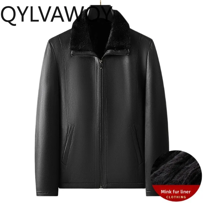 QYLVAWOY Genuine Leather Jacket Men Real Goatskin Leather Coat Natural Mink Fur Lined Black Jackets 2026 Winter Warm Outerwear