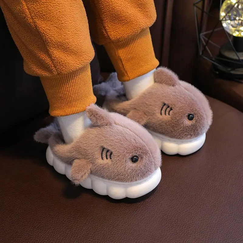 Cartoon Shark Rabbit Kids\' Slippers Winter Solid Plush Girls Boys Slippers Warm Anti Slip Soft Bottom Home Children Slippers