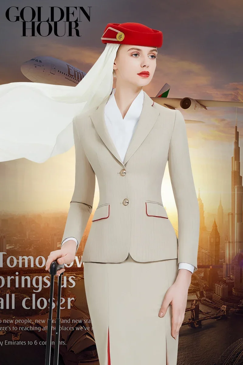 Dames Zomer Nieuwe Emiraten Stewardess Uniform Professionele Pak Interview Manager Werkkleding Lange Mouwen Pak Rok