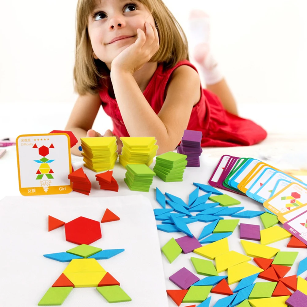155 Stück kreatives Puzzle, lustiges geometrisches Holz-Tangram für Kinder, pädagogische Form, Farbe, Zahlenerkennung, dicke Blöcke, sicher