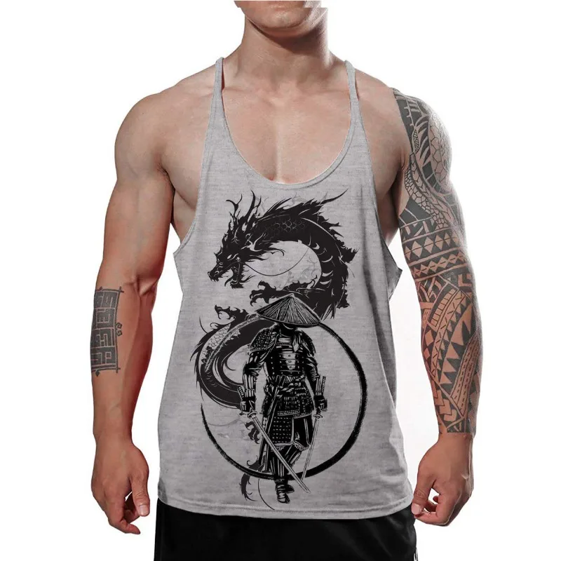 Men's Japanese Samurai & Dragon Graphic Stringer Tank Top, Ukiyo - E Style Print, Bodybuilding Gym Vest Summer Sleeveless Shirt