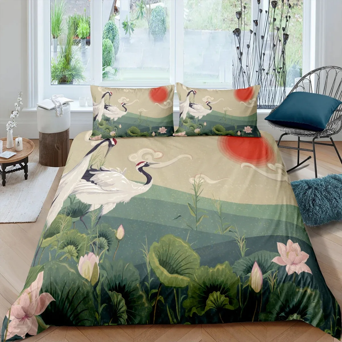 Japanese Crane Duvet Cover King Queen Size Wave Flower Ukiyo-e Style Bedding Set Eastern Culture 23pcs Polyester Quilt Cover