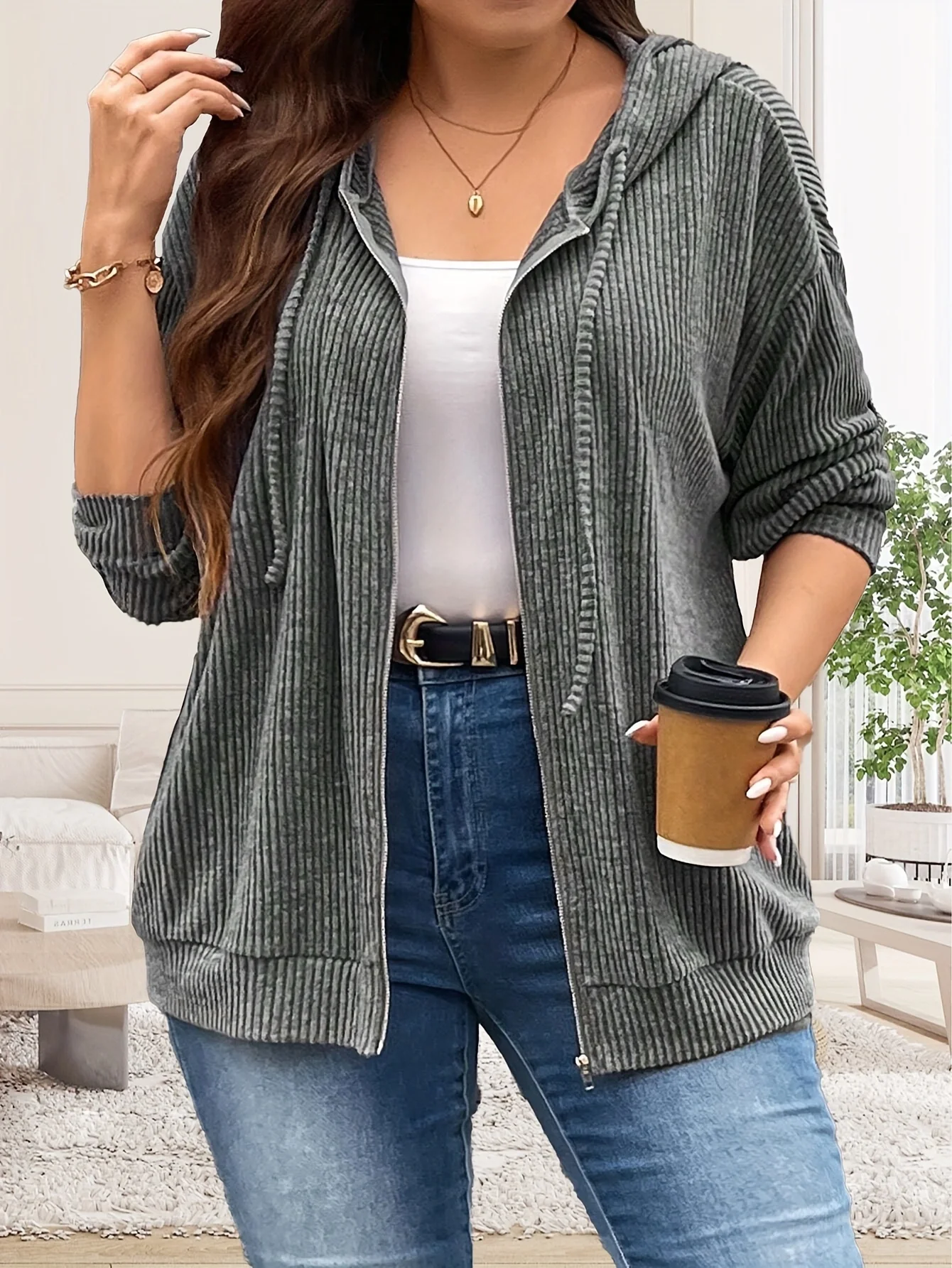 

Плюс размер 1XL-5XL женская модная однотонная куртка с капюшоном на шнурке и длинными рукавами на молнии повседневная куртка