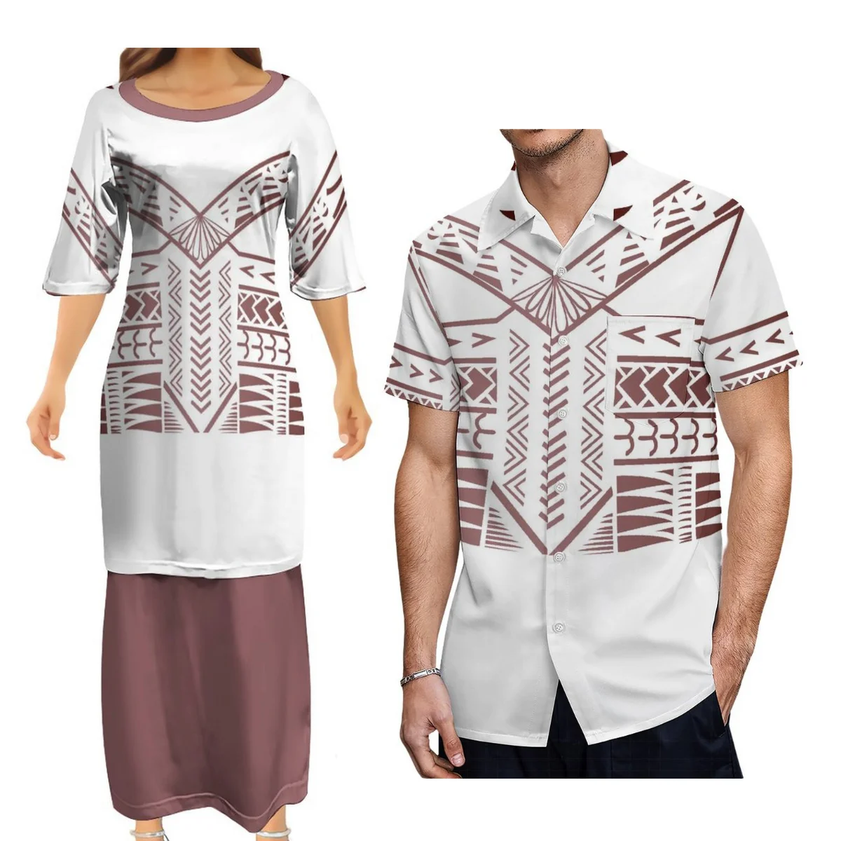 Summer Women'S Half-Sleeved Dress Puletasi Dress Elegant Dress And Men'S Shirt Polynesian With Couple Suits