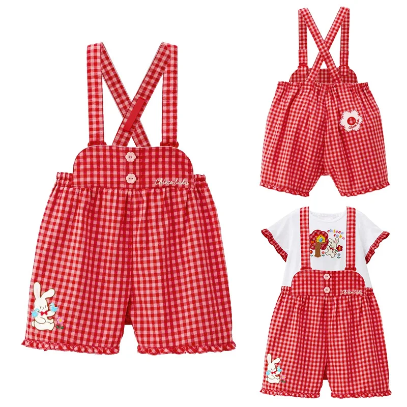

2025 Summer New Girl Bib Pants Cartoon Cute Bunny Flower Embroidery Plaid Bib Pants