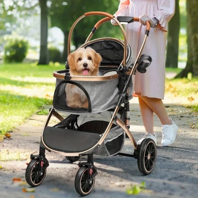 Folding dog stroller, small medium cat stroller with detachable carrier, car seat, parasol, waterproof all-terrain cat stroller