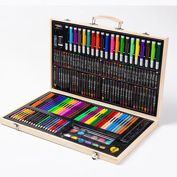 Wooden Box Kids Art Set with 180 Pieces, Watercolor Pens Crayons and Oil Pastels, Portable Drawing Kit for Children Students