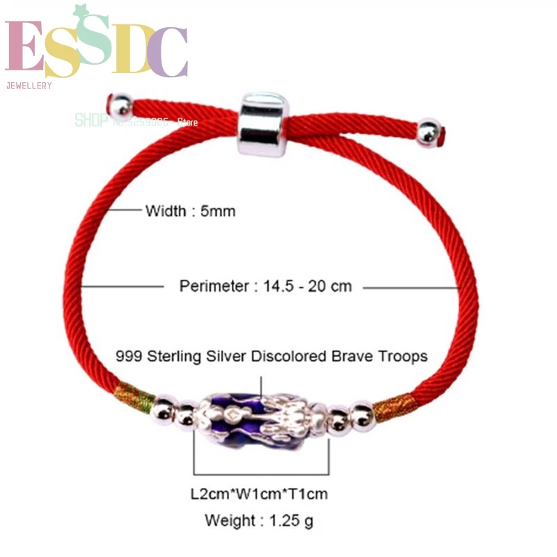 Genuine 999 Silver Thermochromic Pixiu Charm  Lucky Red Rope Chain Clasp Bracelet for Men or Women Jewelry Gift Dropship