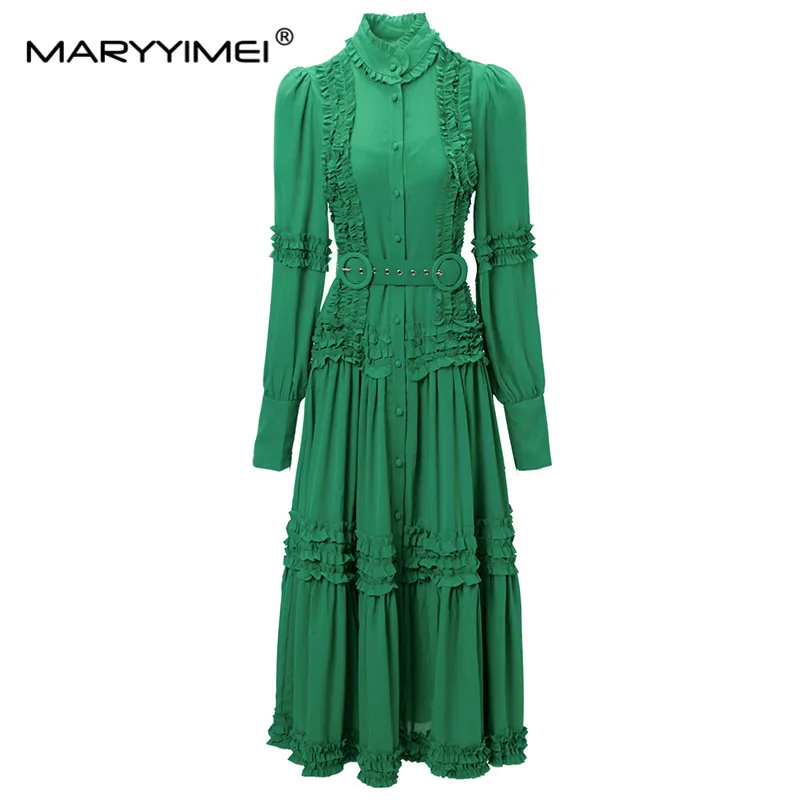 

MARYYIMEI 2024 New Fashion Runway Designer Women's Standing Collar Long Sleeved Single Breasted Wooden Ear Edge Retro Dress