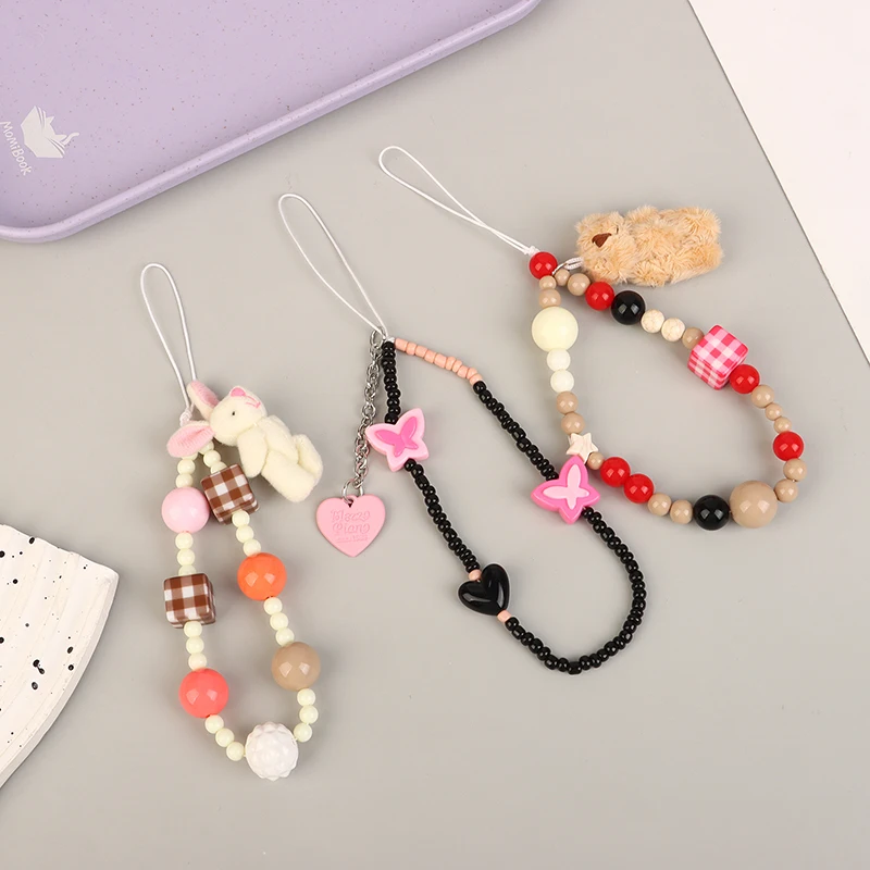 1PC Universal Mobile Phone Chain Gifts Colorful Beaded Little Bear Keychain Mobile Phone Case Camera Anti-lost Lanyard