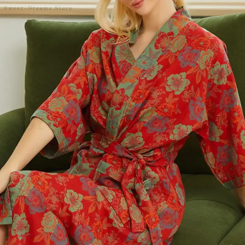 

Хлопковый женский халат, кимоно, халат, юката, жаккардовая свободная ночная рубашка, домашняя одежда, повседневная одежда для сна, весна-лето, домашняя одежда