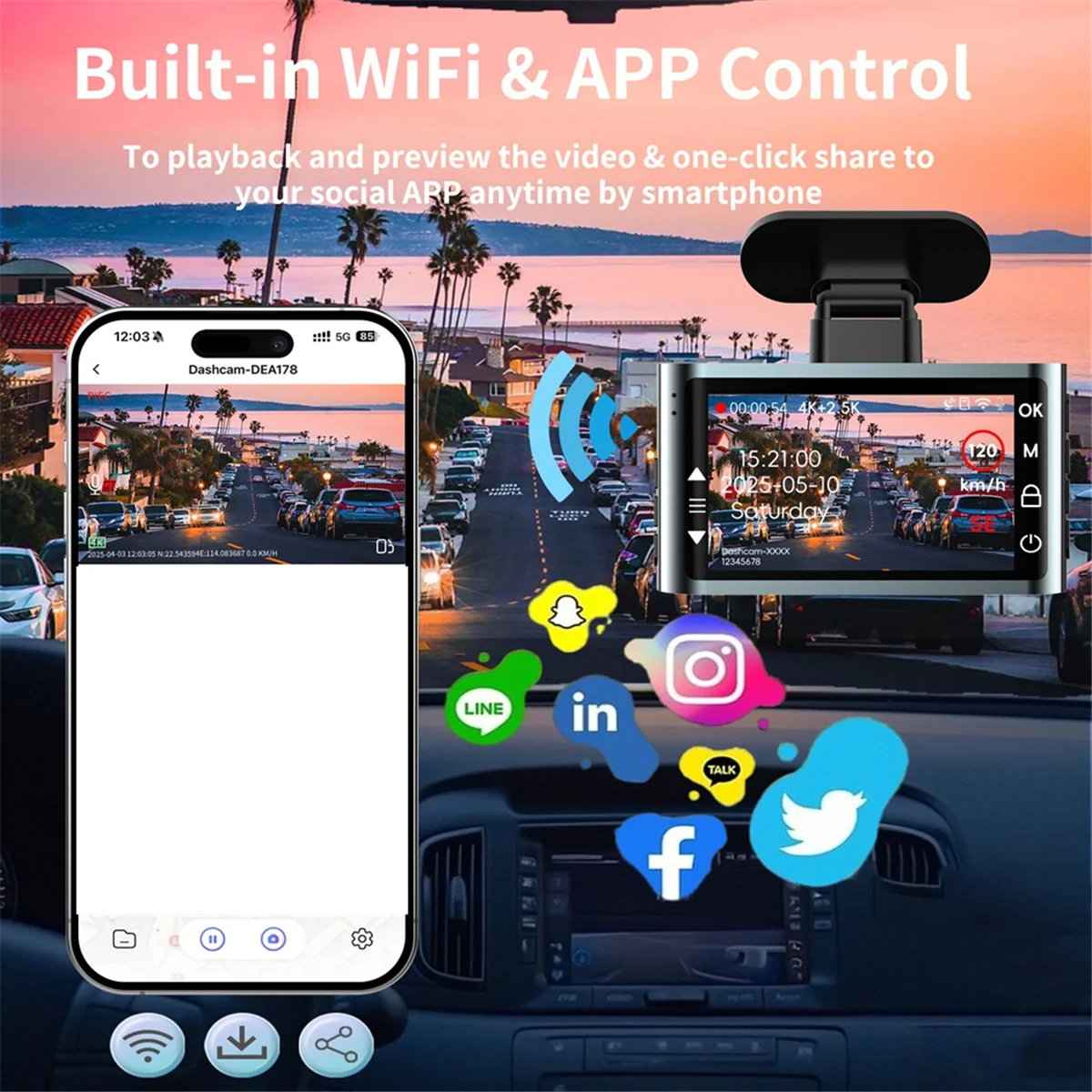 

2025+4K Front and 2.5K Rear Dash Cam with WiFi App Control GPS Support Night Vision G-Sensor Parking Monitor Loop Recording