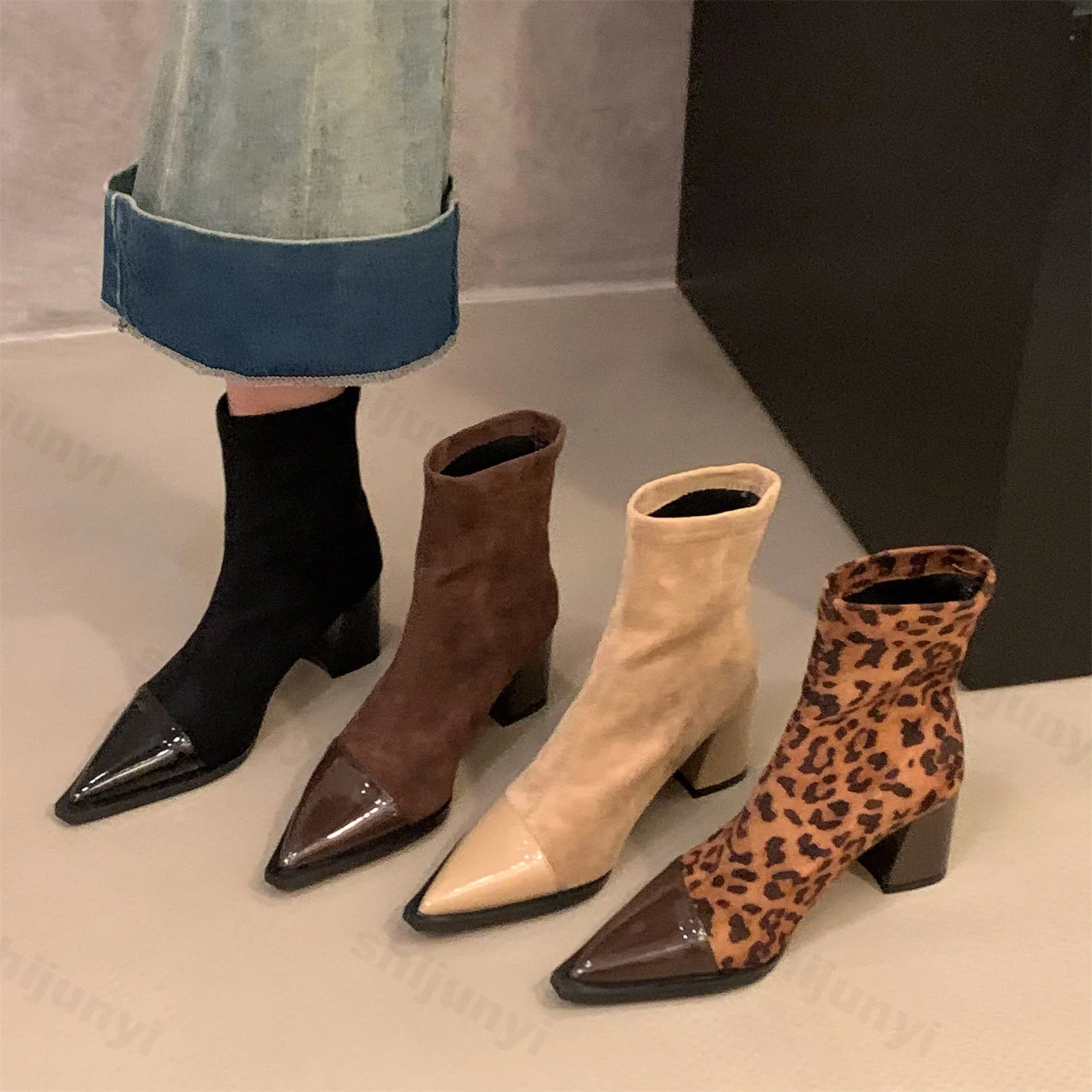 Designer Leopard Print Women Ankle Boots Fashion Pointed Toe Short Booties Concise Patchwork Thick Heels Pumps Botas De Mujer