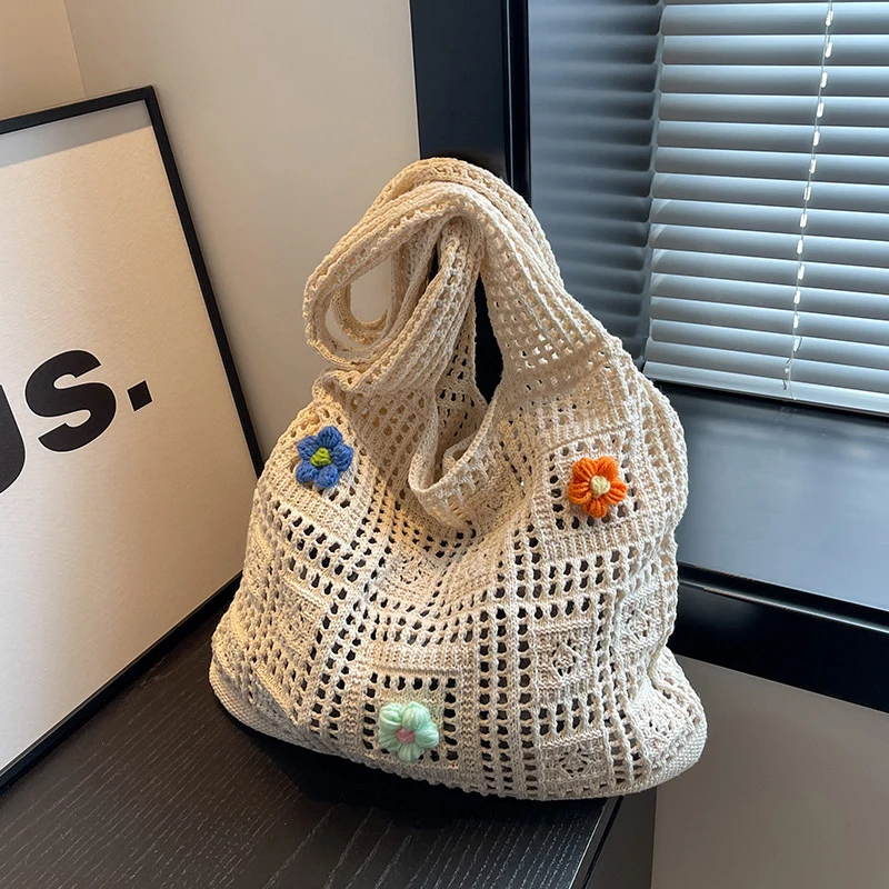 

Designer Flower Knitted Handbags Female Large Capacity Totes Women's Pack Summer Bag Purses Hollow Woven Shoulder Bags ﻿