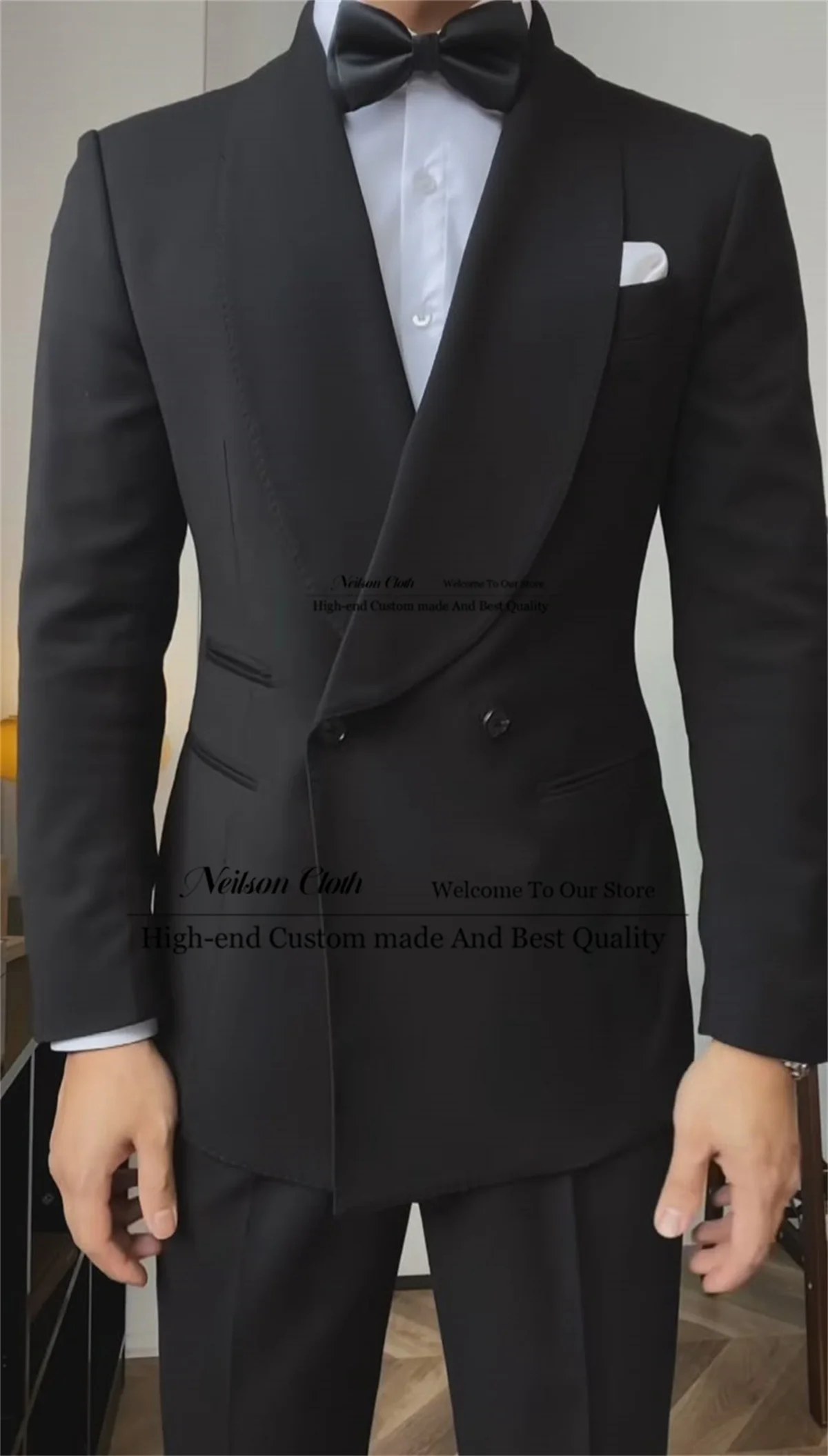 

Black Double Breasted Male Prom Blazers 2 Pieces Sets Groom Wedding Tuxedos Shawl Lapel Customized Groomsmen Terno Masculino