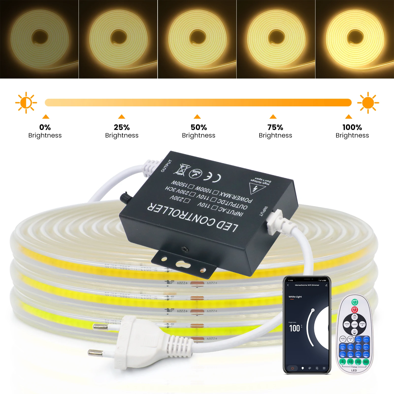 Dimmable COB LED Strip Light 220V EU 288LEDs/m Tuya WiFi Bluetooth IR Flexible Tape Waterproof COB Linear Light Bar 3000K 6000K