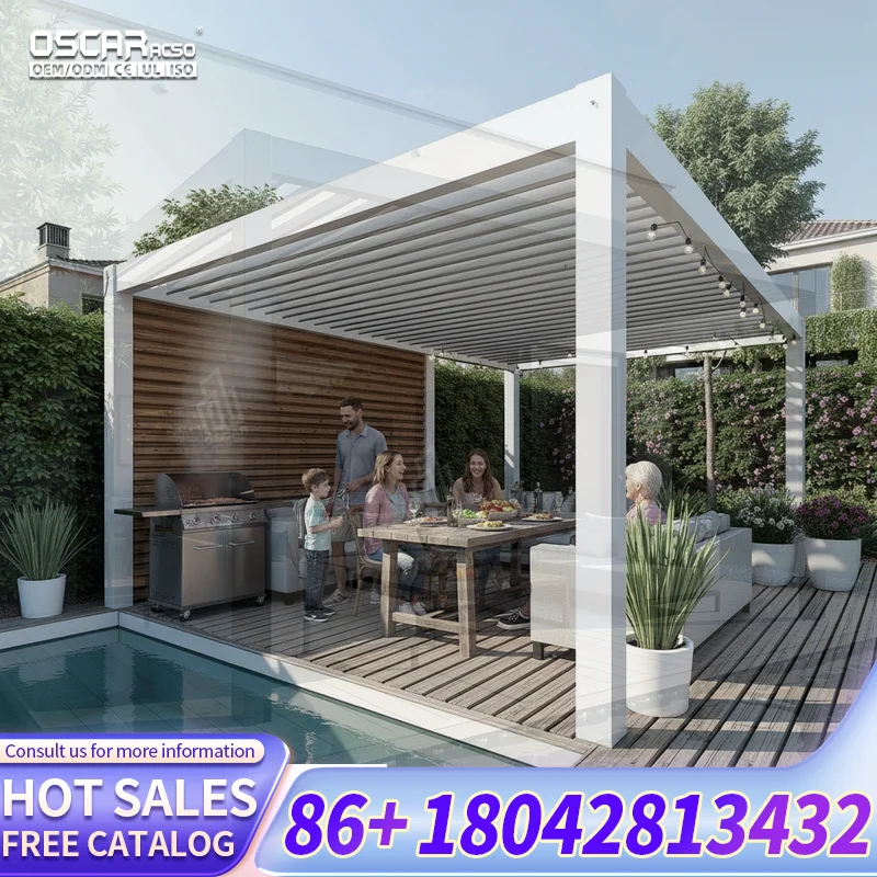 Weatherproof Aluminum Motorized Flat Roof Bioclimatic Pergola Glass Sliding Doors Outdoor Deck Patio Backyard Europe pergola