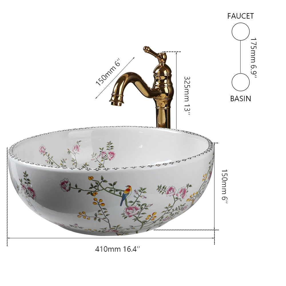 JIENI Bathroom Sinks Set Flower and Bird Painting Circular Ceramics Basin Deck Mount Washbasin W/ Stream Water Faucet Mixer Taps