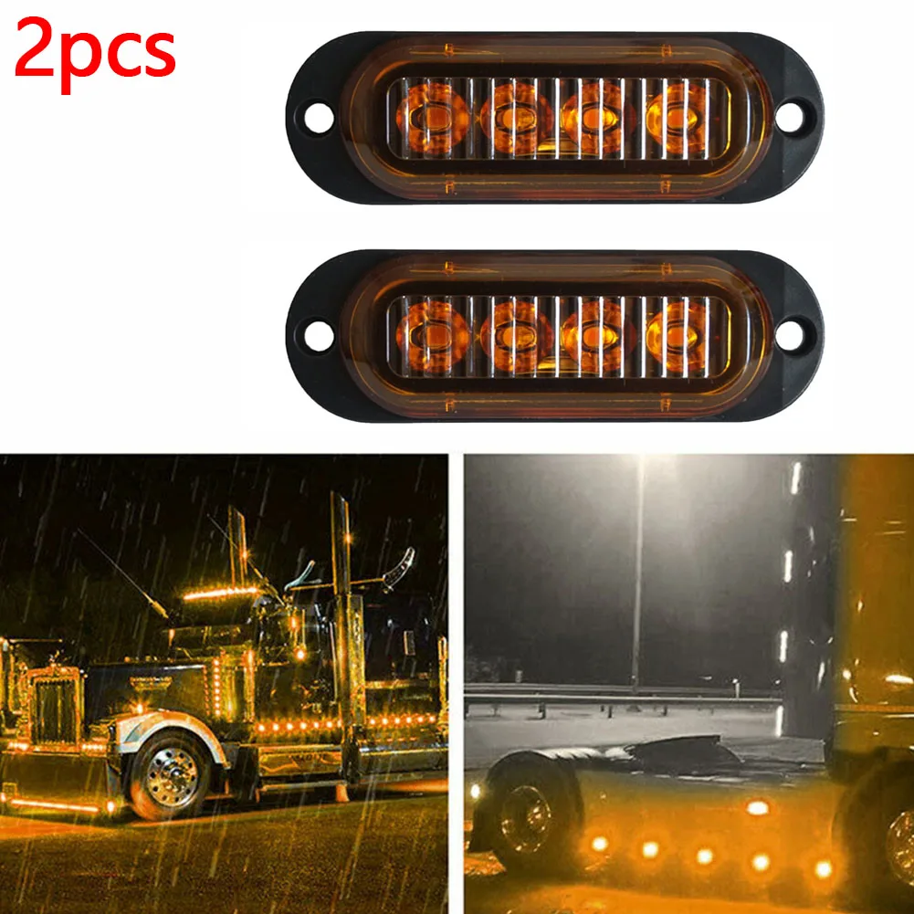 2pcs Yellow 4 LED Side Marker Clearance Light Orange Lamp Indicator 12V-24V For Truck Trailer Caravans RV Lorry Car Accessories