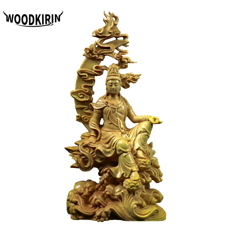 Wooden Shuiyue Guanyin Figure Decoration Statue, Solid Wood Carving, Home, Living Room, Room, Office, Feng Shui Statue