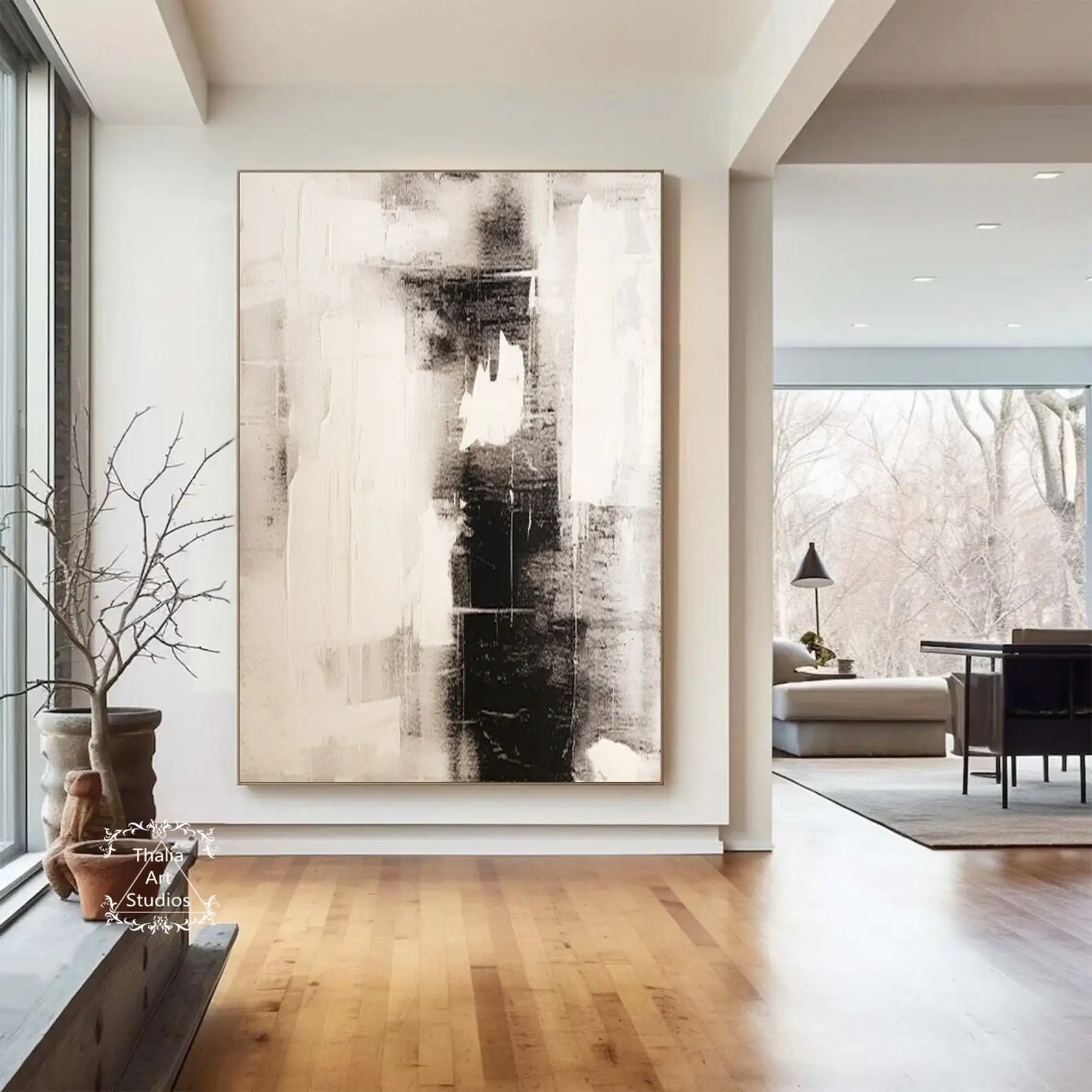 

Mhemyo Large Black Abstract Hand Painted Oil Painting Black and White Texture Canvas Beige Minimalist Modern Wall Art Home Decor