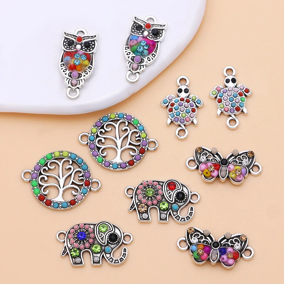 10Pcs Silver Plated Crystal Colorful Tree Butterfly Owl Charm Connectors for Making Bracelet DIY Craft Accessories