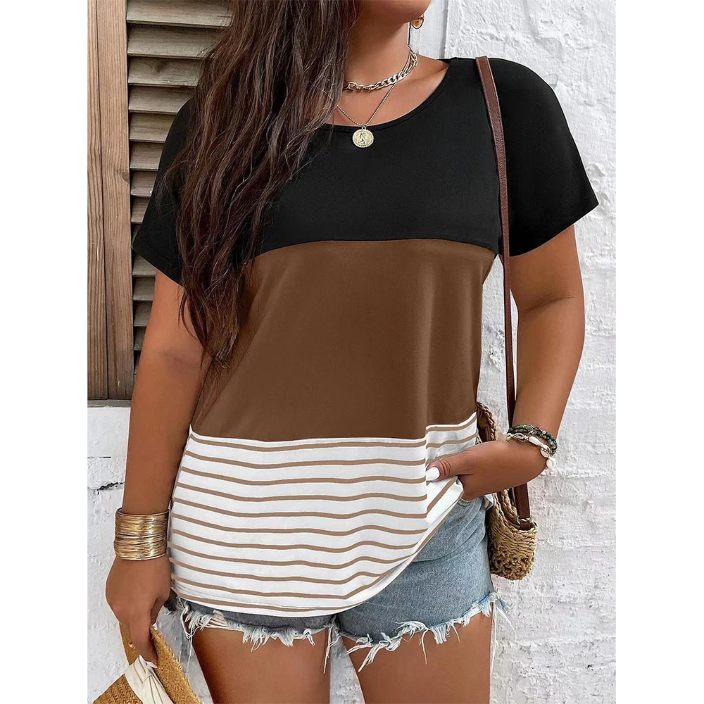 Camiseta de mujer con rayas coloridas y estampado 3d, Tops con cuello en V, camiseta informal sencilla a la moda para mujer, versión holgada de talla grande