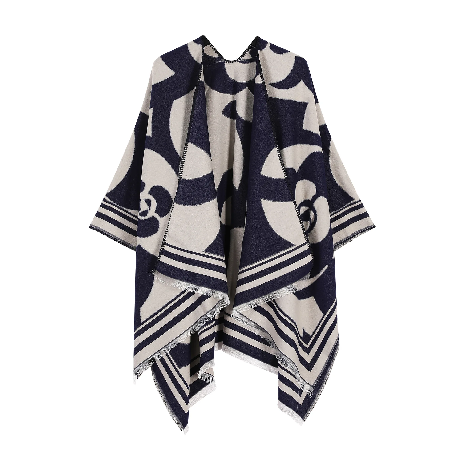 Spring Autumn 2026 New Chain Flower Split Scarf Style Fake Cashmere Warm Versatile Good Looking Shawl Cape for Universal Use