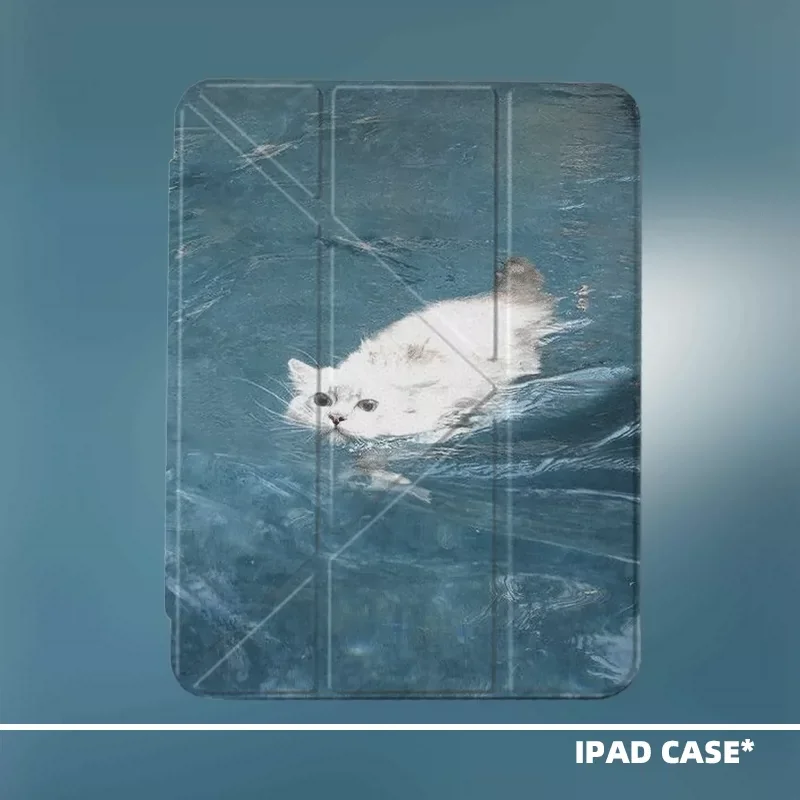 

Summer Pool Swimming Cute Cat Transparent For iPad Case iPad 10 9 8 7 Air 6 5 4 3 2 Pro 11 Mini Y-Fold Tri Fold Protective Cover