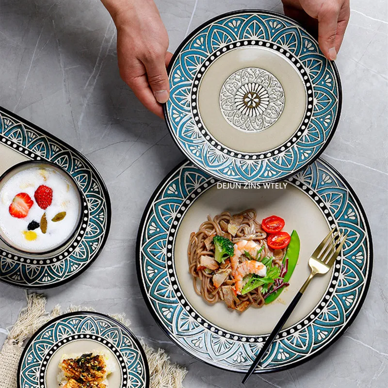 

1PC High-temperature Resistant Ceramic Plate Retro Style Tableware Exquisite Steak and Salad Plate Kitchen Accessory Noodle Bowl