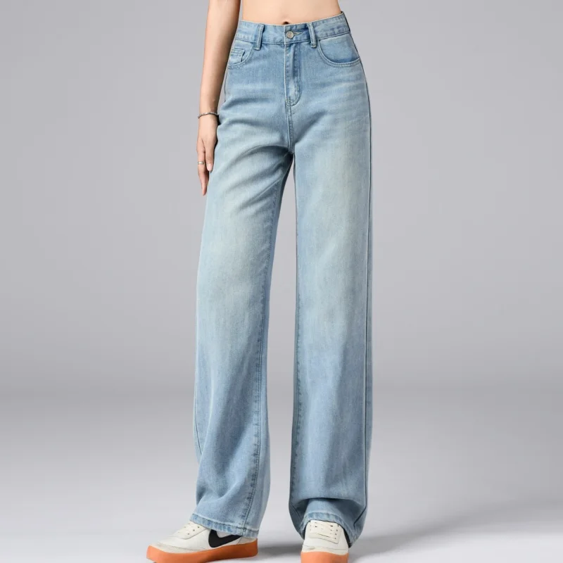 

2026 Spring Summer Women's Straight Tube Thin Lyocell Jeans Light Blue Minimally Casual Brand Clothing Girls' Lightweight Pants