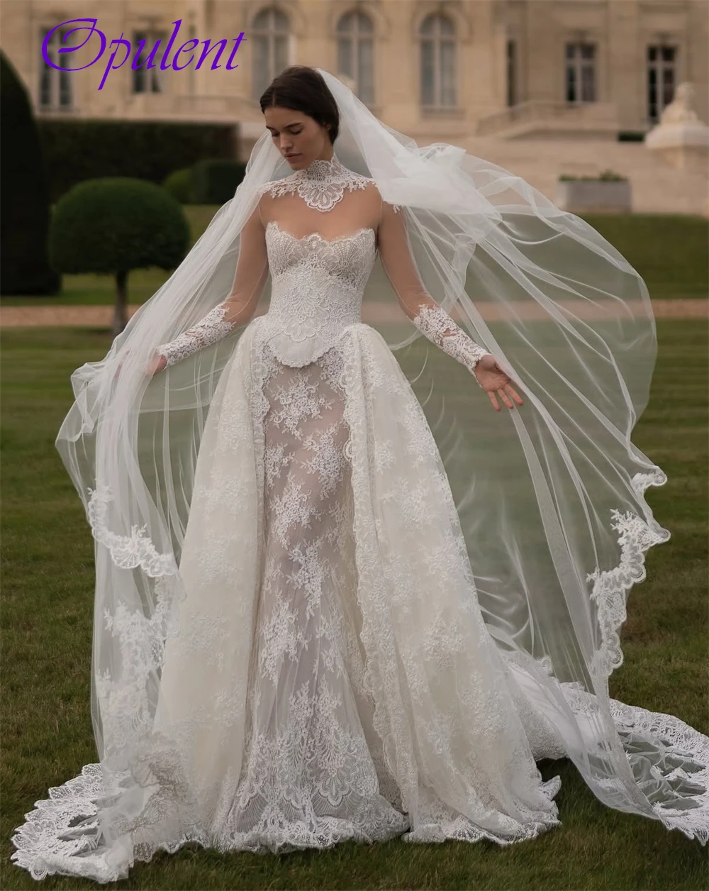 Customized Elegant White Lace Bridal Gowns Classic O-Neck Long Sleeves Wedding Dress Sexy A-Line Court Train Vestido De Novia