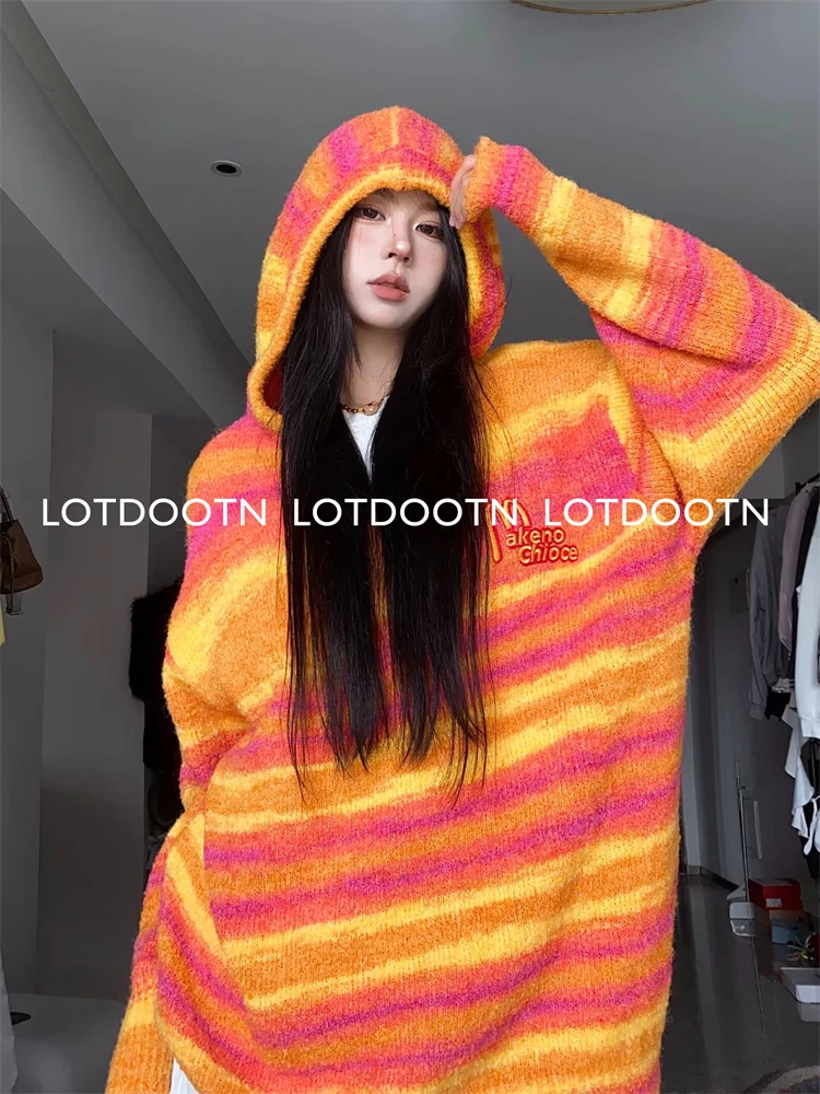 LOTDOOTN Grunge Y2k Fairycore Sweaters Women Colored Stripes Vintage Knitted Hoodie Long Sleeve 2000s Aesthetic Knitted Clothes