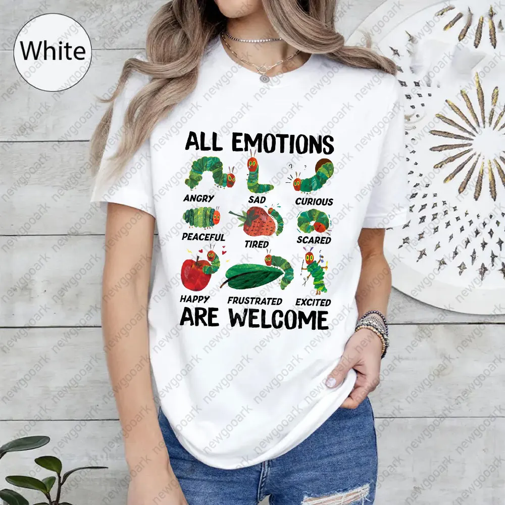 

Все смайлики, добро пожаловать, очень голодная футболка с принтом гусеницы, женские и мужские кавайные винтажные хлопковые футболки с героями мультфильмов, дышащие