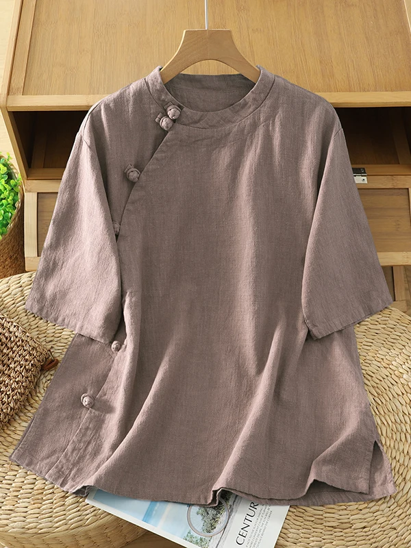 

Новая повседневная универсальная рубашка-ханьфу из хлопка и льна с коротким рукавом для женщин больших размеров, в ретро-стиле, с пуговицами