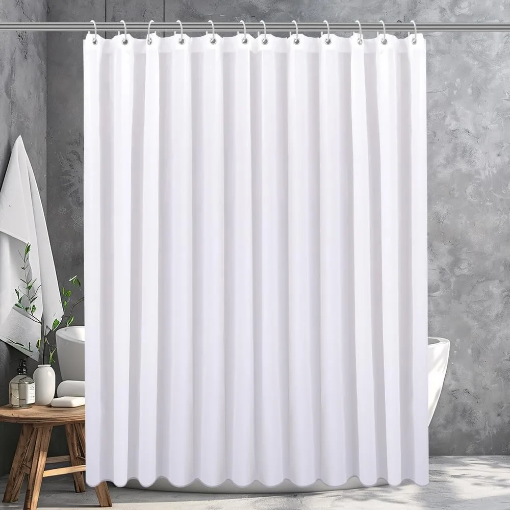 

Strip White Fabric Shower Curtain with Magnets - 85 GSM Heavy Duty Waterproof Bath Curtain, 12 Reinforced Metal Grommets